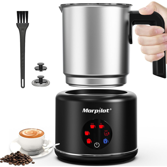 Morpilot Електричний піноутворювач молока 6-в-1, для капучино, лате, гарячого шоколаду, 130-500 мл, 600 Вт, антипригарне покриття, нержавіюча сталь, чорний