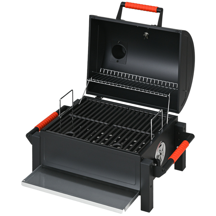 Grill Outsunny з дерев’яною рамою, настільний гриль з решіткою, кошом для вугілля, гриль для кемпінгу з кришкою, ручкою, термометром, настільний гриль для пікніка, саду, чорного кольору, 68,5 x 50 x 54 см | Aosom