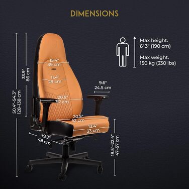 Noblechairs ICON Cognac/Schwarz: Ігровий крісло з екошкіри, 150 кг, ергономічний офісний крісло з підлокітниками