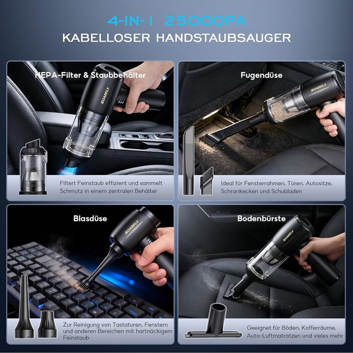 Акумуляторний ручний пилосос SoarFly 4 в 1, 25000Па, бездротовий міні-пилосос для авто, дому та ПК з безщітковим двигуном, LED-підсвіткою та набором щіток, чорний