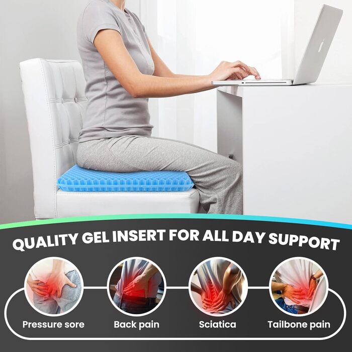 Ортопедична гелева подушка на сидіння для офісного стільця, авто та візка — м'яка, з антиковзаючим чохлом що миється (блакитний, 43x39x4 см)