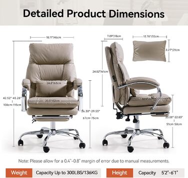 Офісний крісло EMIAH з підставкою для ніг, ергономічний крісло для офісу та дому, комп'ютерне крісло з PU шкіри, з підлокітниками та роликами (Хакі)
