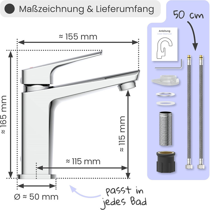 Змішувач для ванної кімнати Instmaier Amelie, хром, з одним важелем, з міді, для умивальника