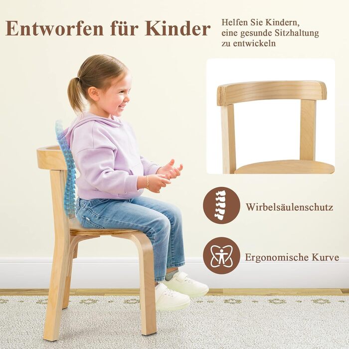 Дитячий столик та 4 стільчики DREAMADE з масиву дерева, дитячий меблевий набір для дівчаток та хлопчиків (натуральне дерево)