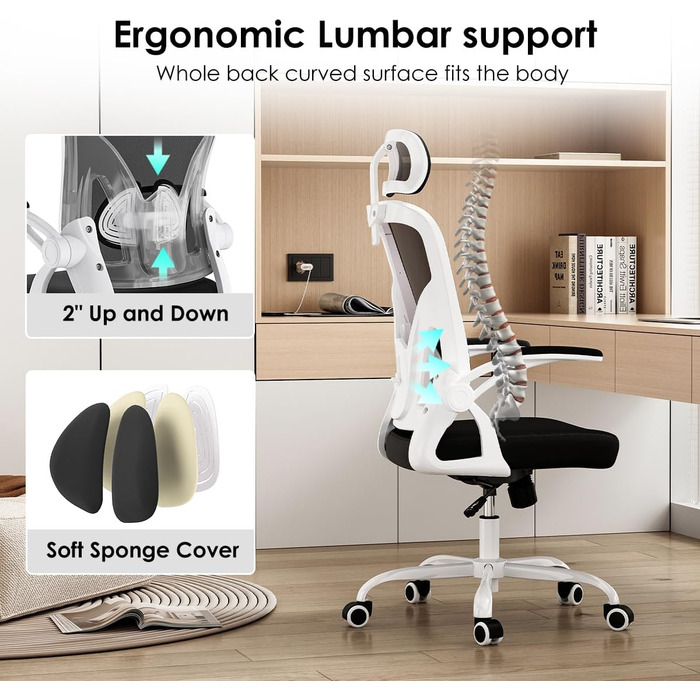 Ергономічне крісло Farini для офісу та дому: регульована висота, з підголівником, 150 кг, на коліщатках (чорно-біле)