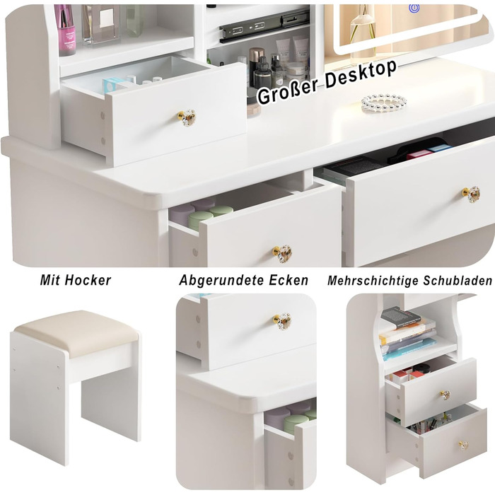 Дзеркальний туалетний столик DATO з LED-підсвічуванням, 3 колірні температури та регулюванням яскравості, з пуфом, 5 шухляд та 3 полиці, з розсувним дзеркалом (T68)