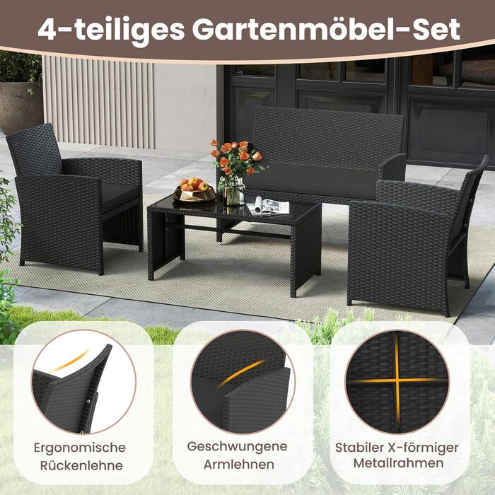 Садовий меблевий комплект COSTWAY з ротангу для балкона та тераси: диван, 2 крісла, стіл, подушки (сірий + чорний)