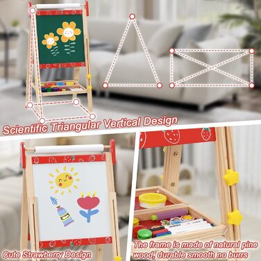 Дитяча мольберт Kinder Staffelei 3 в 1: регульована висота, подвійний бік, з рулоном паперу, 100+ аксесуарів для малювання, для дітей 3-8 років (червоний)