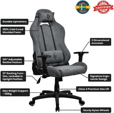 Ігровий та офісний крісло Arozzi Torretta Premium з SoftFabric™, ергономічний дизайн, 3D підлокітники, висока спинка, регульована решітка, 2 подушки – (Ash)