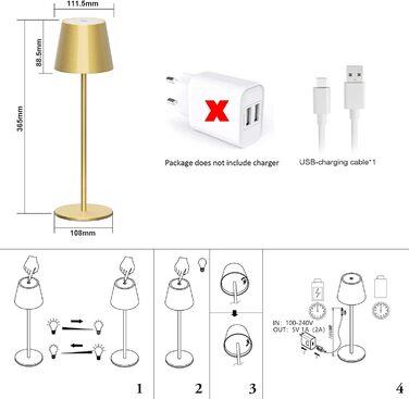 Акумуляторна настільна лампа Klighten LED з можливістю затемнення Gold, бездротова, USB-C, 3000K, алюміній, IP54