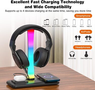 Підставка для навушників Jubor 3 в 1 RGB з бездротовим зарядним пристроєм 15W та 9 режимами підсвічування