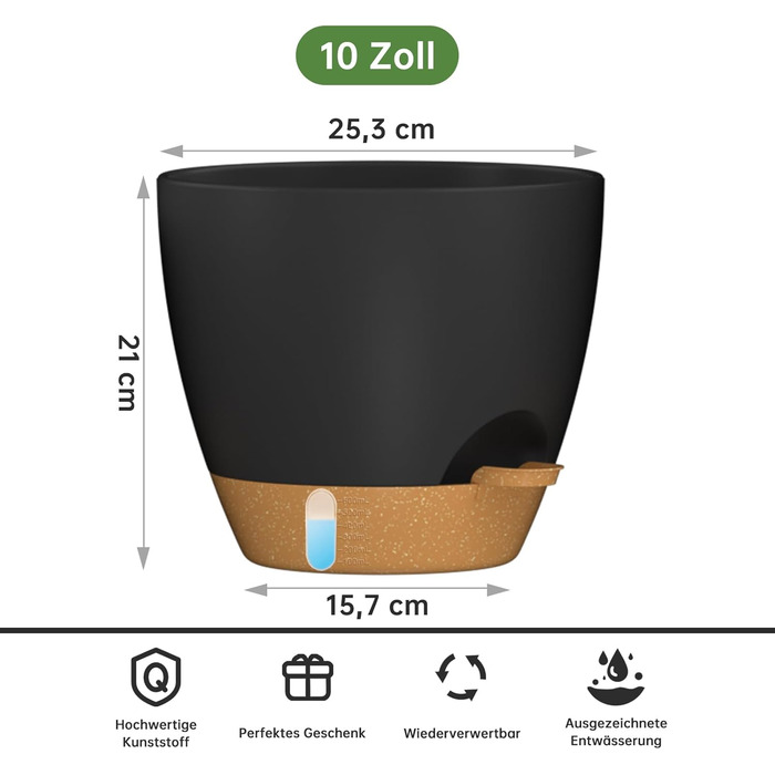 Набір горщиків для квітів ZMTECH 25 см з підставкою, 2 шт., чорний, самополив, пластик