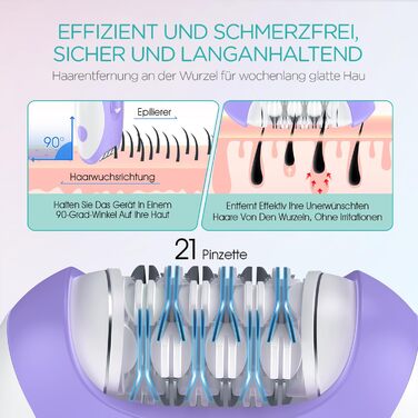 Електричний епілятор для жінок HR110 з LED-підсвіткою, 21 пінцетом та 2 швидкостями, акумуляторний пристрій для видалення волосся на ногах та руках (Фіолетовий)
