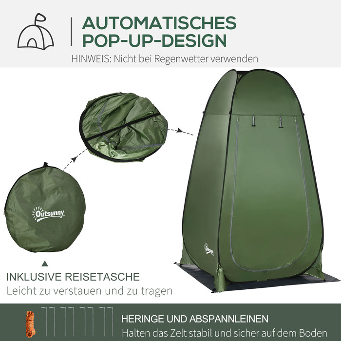Туалетний намет для кемпінгу Outsunny Pop-Up Shower Tent для кемпінгу 126x124x189см темно-зелений з сумкою для перенесення для мобільного вуличного туалету