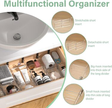 Регульовані роздільники для ящиків FUNIZE, 8 шт., 32-58 см, 16 шт. вставок 9-18 см, органайзери для ящиків на кухню, спальню, офіс, 6 см висота