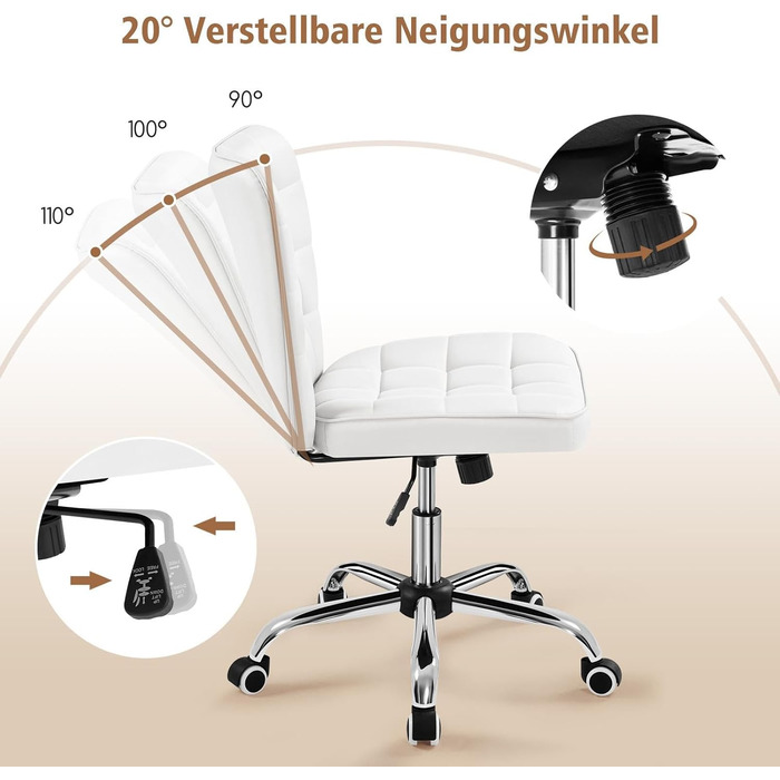 Крісло офісне Yaheetech без підлокітників, обертове, регульоване по висоті, на роликах, штучна шкіра, біле