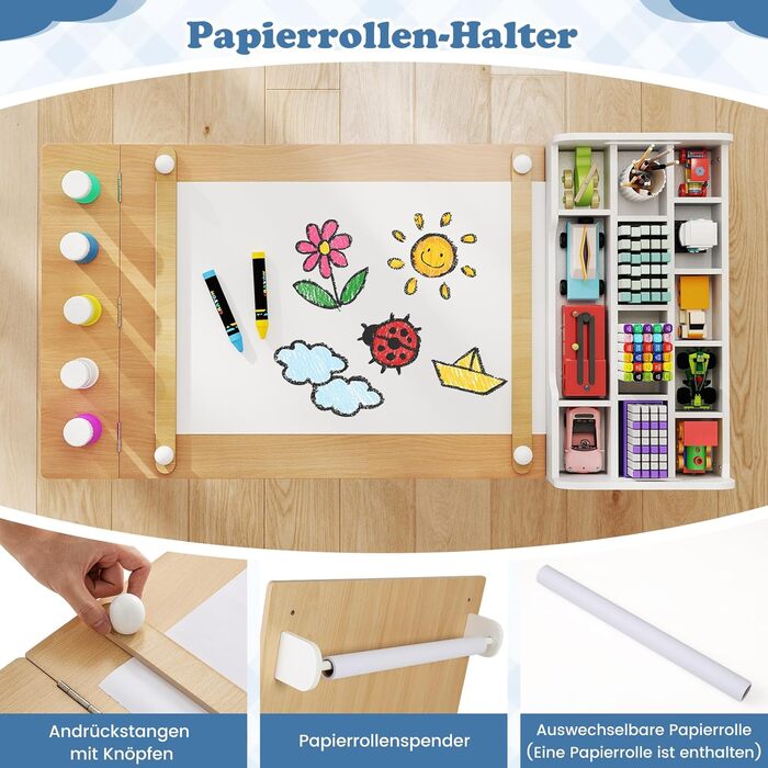 Дитячий стіл COSTWAY 3 в 1 з 2 стільцями: стіл для малювання, мольберт, місце для зберігання. Дерев'яний дитячий стіл-трансформер, 120 x 60 x 60 см (натуральний колір).