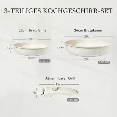 Набір сковорідок GiPP Keramik 3 шт. з знімними ручками, антипригарне покриття, для всіх типів плит, сумісний з індукцією, духовка, без PTFE/PFOA/PFOS, білий