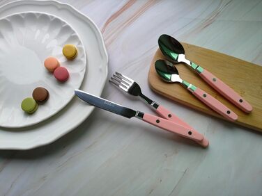 EXZACT Набір столових приборів 24 шт. з нержавіючої сталі, з ручками з заклепками/Столові прибори в ретро-стилі - 6 виделок, 6 ножів, 6 ложок, 6 чайних ложок - Рожевий