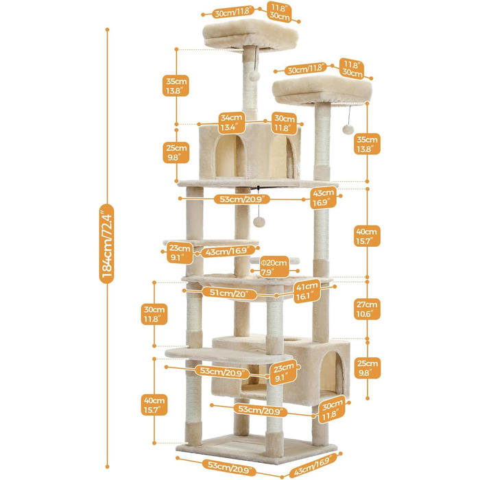 Котяче дерево для великих кішок, з кігтеточками з сизалю, жердинками, кабінками та кошиком, бежеве, 184