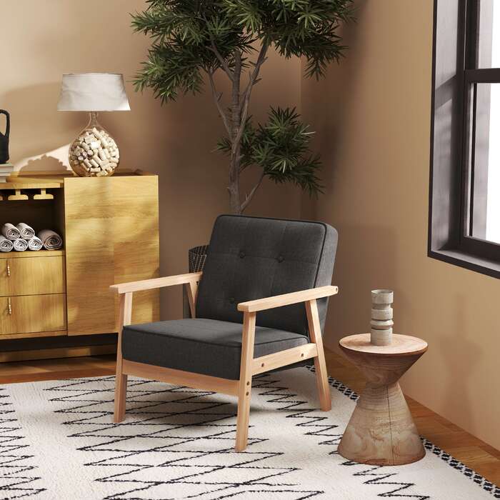 Крісло-релакс з підлокітниками, оббивка льон, сірий колір, дерев'яний каркас, розміри 64,5 x 70 x 74 см