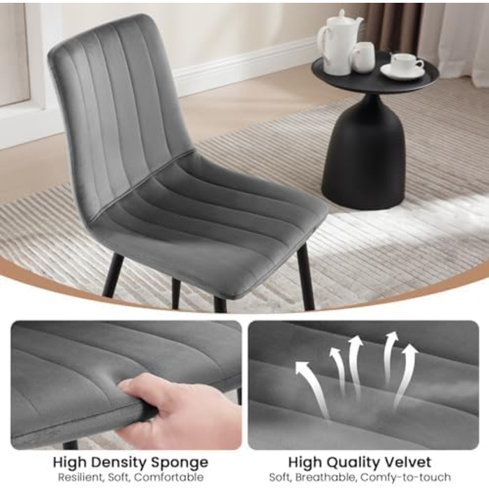 Набір обідніх стільців 6 шт. для кухні, вітальні, спальні. М'які стільці з металевими ніжками, оксамитова сидіння, темно-сірий колір.