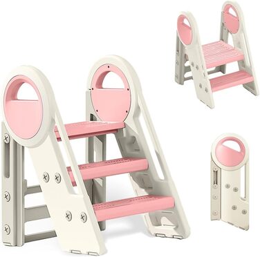 Дитячий табурет-сходилка 2-3 сходинки, регульована висота, складана, для ванної, дитячої кімнати, кухні (рожевий + білий)