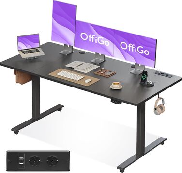 Електричний стіл OffiGo, 160x70 см: регулювання висоти, 2 пам'яті, з розетками та USB, для офісу та дому, чорний