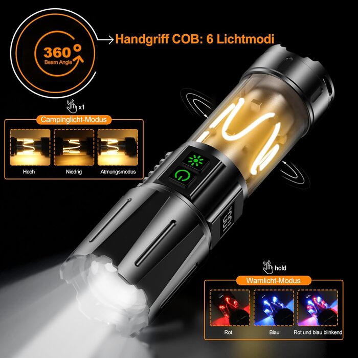 Потужний тактичний ліхтар Relybo LED, 1 000 000 Люмен, акумуляторний, з USB-зарядкою та плавним регулюванням яскравості, для кемпінгу та екстрених ситуацій (Чорний глянець)