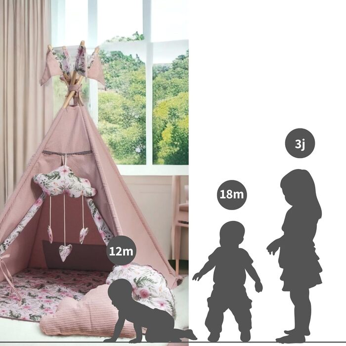 Дитячий намет-тіпі з килимком, подушкою та м'ячами - Тіпі для дитячої кімнати, ігровий будиночок для дівчаток, намет-тіпі для дітей, ігрові прилади для дому - Рожевий сад