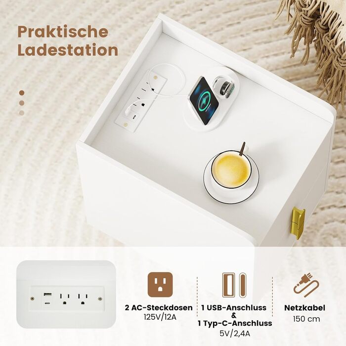 Нічний столик COSTWAY з зарядкою, вузький приліжний столик з 2 шухлядами, металеві ніжки, для спальні, вітальні, 32x40x60 см (Білий)