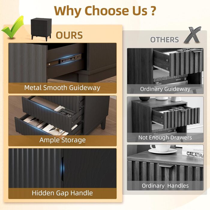 LED тумбочка Gurexl з зарядкою та 3 шухлядами, дерев'яна, з USB та Type-C, з датчиком руху, для спальні, вітальні, офісу, чорна