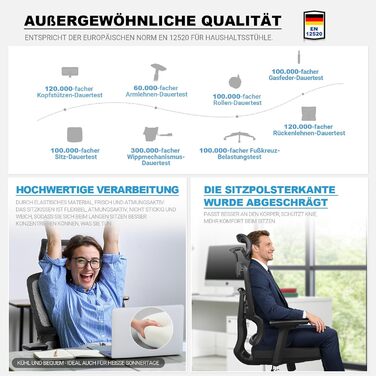 Ергономічне офісне крісло 200 кг | Регульована спинка 6P | 4D підлокітники | Безшумні гумові колеса | Регулювання глибини сидіння | Крісло для великих людей | Перевірено EN12520 | Пінощільність 45