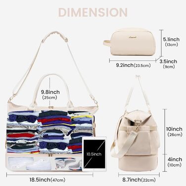 Спортивна сумка Lovevook для подорожей: жіноча дорожня сумка-шопер, сумка для вихідних з косметичкою, відділенням для взуття та мокрих речей, водонепроникна, 37л, бежева