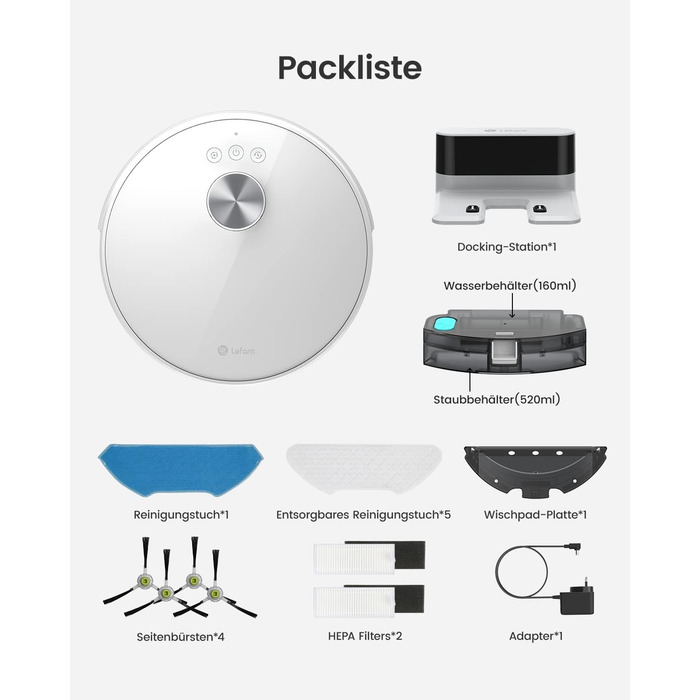 Робот-пилосос LEFANT M2 з функцією миття підлоги, LiDAR-навігація, зони заборони, потужність 6000Pa, час роботи 140 хв, багатошарове картографування, для шерсті тварин, килимів та твердих підлог (M1-W)