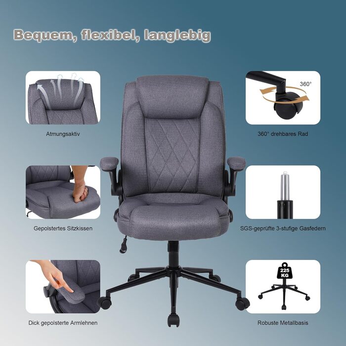 Офісний крісло Flysky з високою спинкою, регульованою висотою та підголівником. Зручний офісний крісло для керівника (сірий)