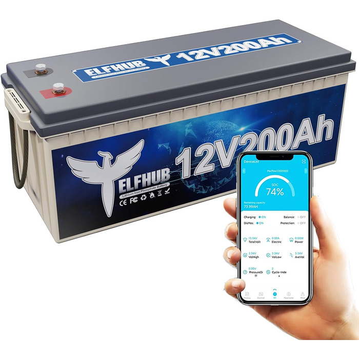 Акумуляторна батарея Elfstroke 12V 200Ah LiFePO4 з вбудованим Bluetooth 200A BMS, літієвою батареєю глибокого циклу 2560 Втгод, 4000 циклів, ідеально підходить для автофургону, сонячного причепа, човна та кемпінгу 12V 200Ah з Bluetooth