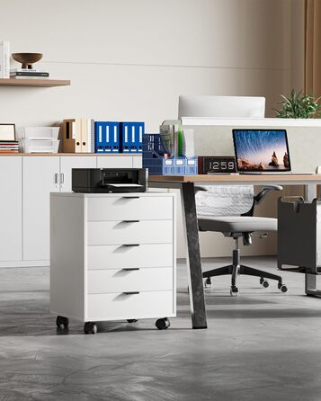 Шафа-тумбочка ELUCHANG з 5 висувними ящиками, мобільна, для офісу та дому, біла