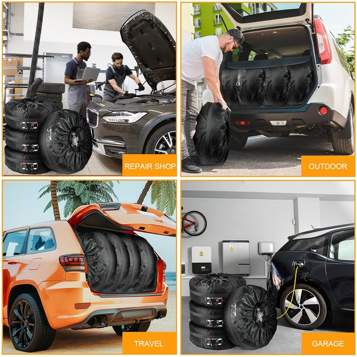 Чохли для шин набір 4 шт. Розмір 13-18 дюймів, з ручкою. Захист від бруду та пошкоджень для зимових та літніх шин. Ідеально для зберігання та транспортування.