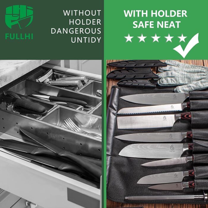 Японський набір ножів Fullhi 15 предметів з магнітним підставкою, з високоякісної сталі, ергономічні ручки, для професійної та домашньої кухні