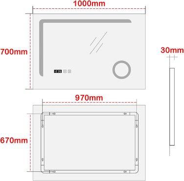 Дзеркало для ванної кімнати pro.tec LED Chambave з підсвічуванням, 3 кольори світла, вертикальне, з лупою та годинником (60 x 80 см, срібне)