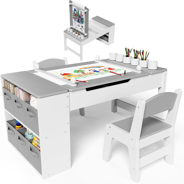 Дитячий стіл зі стільцями, дерев'яний набір, дитяча група сидінь з місцем для зберігання, стіл для малювання з рулоном паперу, стіл для малювання та рукоділля для дітей від 3 років (Сірий)