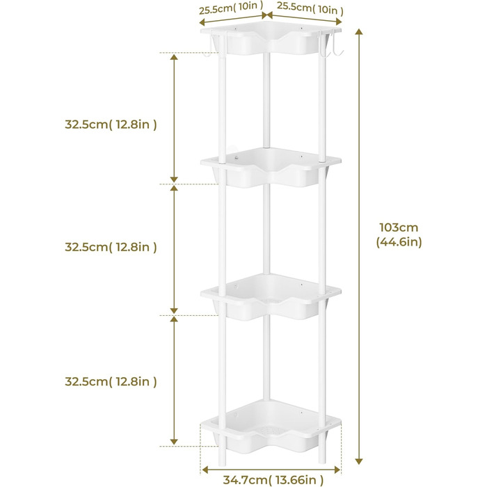 Набір душових полиць Orimade, нержавіючий, без свердління, кутова полиця з гачком, 25.5x25.5x103 см, біла, 4 шт.