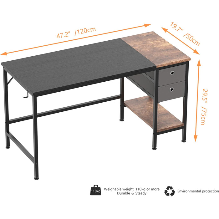 Стіл, комп'ютерний стіл з 2 шухлядами, дерев'яний офісний стіл, 120 x 50 x 75 см (чорний)