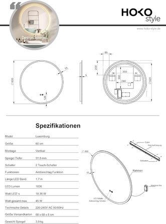 Дзеркало для ванної кімнати HOKO Design Riga, діаметр 60 см, кругле, з металевим каркасом, LED-підсвічування, сенсорне управління, регулювання кольору світла (тепле/холодне/нейтральне), антизапарник, золото
