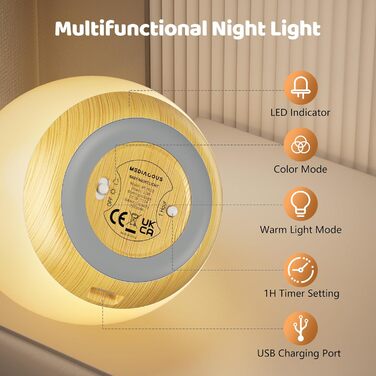 Нічник-проєктор MediAcous для дітей та немовлят: 8 кольорів, регулювання яскравості, таймер 1 година, сенсорне керування, USB LED, декорування дитячої кімнати (білий, текстура дерева)