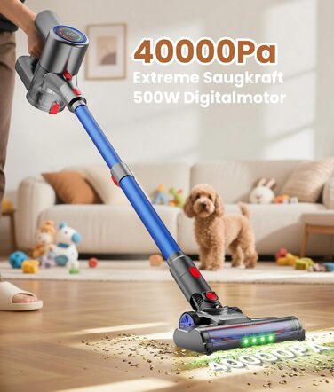 Версліф: Бездротовий акумуляторний пилосос 500W, 45 хв роботи, 40kPa, LED-дисплей, для дому та авто, синій