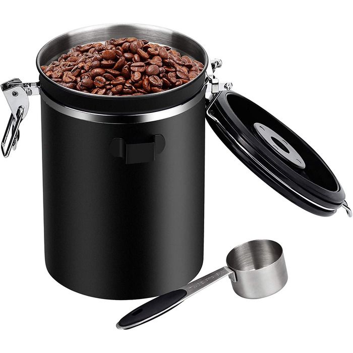 Герметичний кавовий контейнер об'ємом 1800 мл, з нержавіючої сталі, з мірною ложкою, для зберігання кавових зерен, чаю, горіхів.