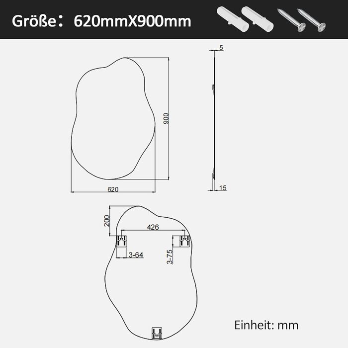 Дзеркало для ванної кімнати Boromal, чорне, 62x90 см, вертикальне/горизонтальне, декоративне