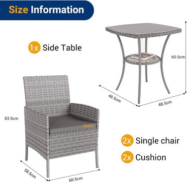 Набір садових меблів UDPATIO для балкона/тераси: стіл та 2 стільці з поліротангу (сірий)